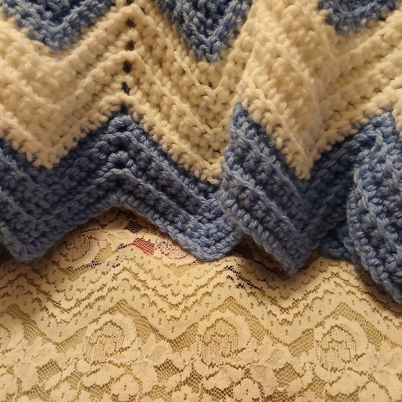 Hand Crochet Blue and White Chevron Knit Shawl With Buttons - Picture 6 of 8